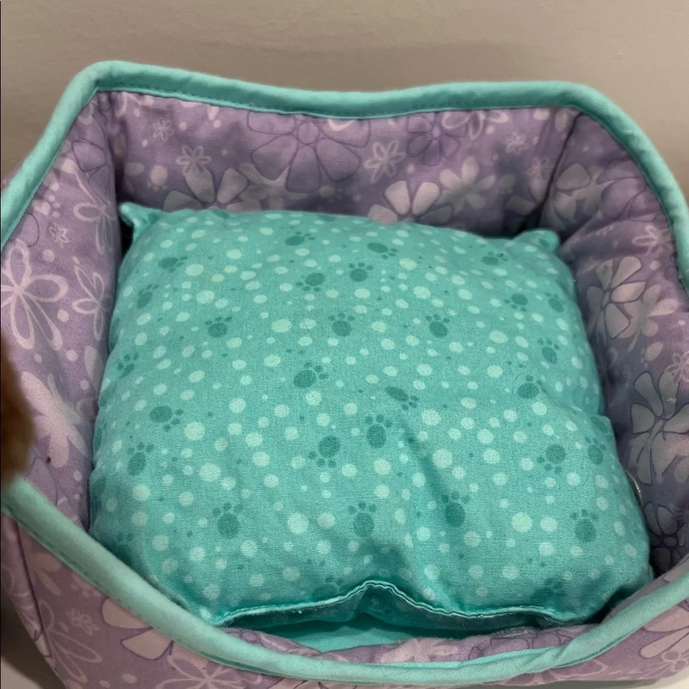 American Girl Brown Plush Dog with Teal and Purple Bed